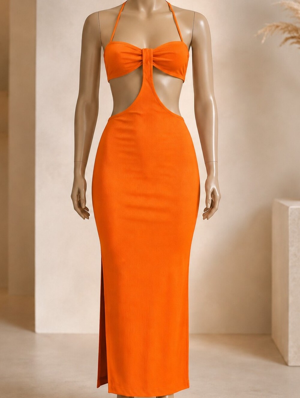 Women Almost Famous Orange Cutout Ribbed Bodycon Maxi Dress Size Medium